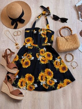 Topdress Sunflower Halter Dress - Black & Yellow Floral size 2xl 95% cotton